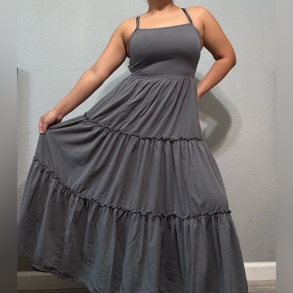 Elegant Gray Women's Bohemian Layered‎ Back Adjustable Strings Maxi Dress Size M - Picture 3 of 10